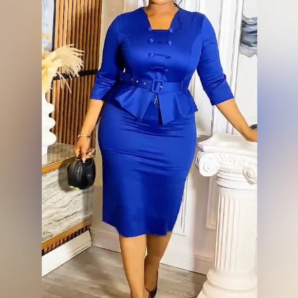 NWT Elegant Royal Blue Fitted Peplum Dress with Belt - Picture 3 of 6